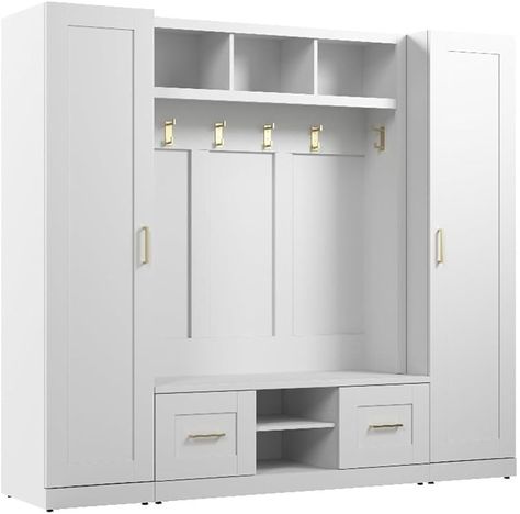 Amazon.com: Bush Furniture Hampton Heights Full Entryway Storage Set with Hall Tree, Shoe Bench with Doors and Narrow Cabinets in White | Foyer, Mudroom Organizer : Home & Kitchen Mudroom Organizer, Tall Narrow Storage Cabinet, Narrow Cabinets, Bench With Doors, Foyer Mudroom, White Foyer, Mudroom Cabinets, Narrow Storage Cabinet, Mudroom Lockers