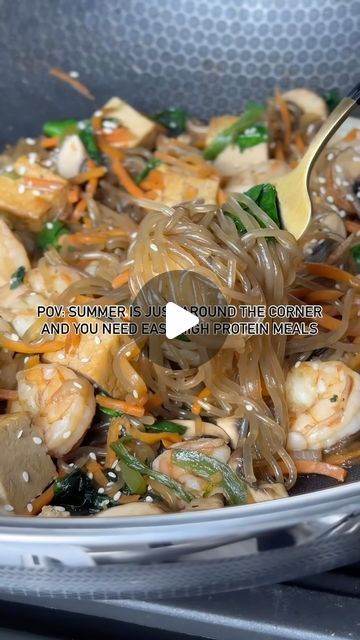 Mel Lazaro | Easy High Protein Meals on Instagram: "JAPCHAE WITH TOFU AND SHRIMP 

When you have a noodle craving, this recipe will come in handy! Using TJ’s frozen Japchae, you can have a delicious meal ready in under 30 minutes. 

Although TJ’s Japchae is tasty, it only has 1g of protein. That’s why this month, I’ll be sharing some of my favorite pre-made meals from the store, and together, we will make them macro-friendly. 

By adding more vegetables, shrimp, and tofu, this Japchae now contains 32g of protein per serving💪🏽. 

🎥2 servings
•1 frozen Japchae (TJ brand)
•4 tbsp water
•1 cup spinach
•4 oz mushrooms, chopped
•1/2 cup shredded carrots 
•3 oz tofu, cubed 
•14 pieces large shrimp (deveined, peeled, and pat dry)
•Green onion (garnish)
•Sesame seeds (garnish)

Quick Japchae Sau Easy High Protein Meals, Pre Made Meals, High Protein Meals, Shredded Carrots, Large Shrimp, Protein Meals, Shredded Carrot, Green Onion, Ready Meal