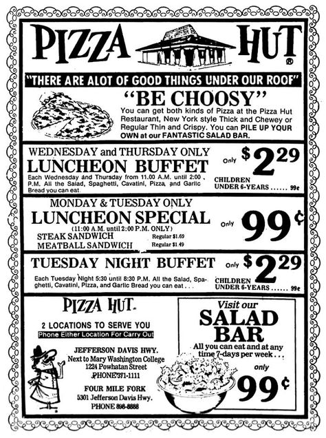 Pizza Hut - Pete - Fredericksburg VA - January 1978 Ryan Aesthetic, Restaurant Ads, Pizza Hut Restaurant, Pizza Hut Menu, Hmong Food, Chicken Delight, Nostalgic Things, Childhood Memories 80s, Business Ads