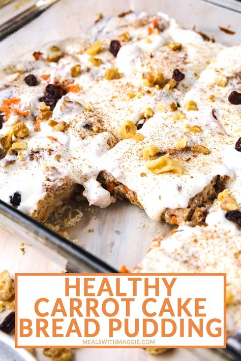 This healthy carrot cake bread pudding is tasty and easy to make. It can be served warm or cold and is great for Easter Brunch! #breadpudding #easybreadpudding #breadpuddingbrunch Carrot Cake Bread Pudding, Healthy Bread Pudding, Cake Bread Pudding, Carrot Cake Bread, Healthy Carrot Cake, Bread Pudding Easy, Carrot Bread, Healthy Carrot Cakes, Cake Bread