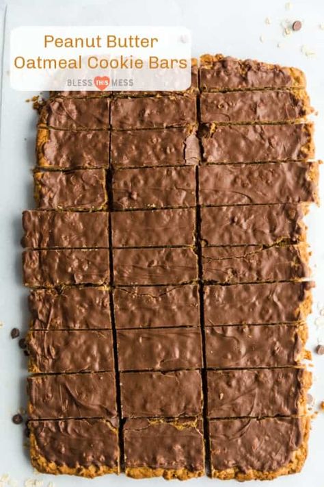 Cookie Sheet Cookie Bars, Half Sheet Pan Cookie Bars, Pan Cookies Bars, Sheet Pan Peanut Butter Cookie Bars, Sheet Pan Cookies For A Crowd, Sheet Pan Bars Recipes, Sheet Pan Oatmeal, Peanut Butter Oatmeal Cookie Bars, Oatmeal Peanut Butter Bars