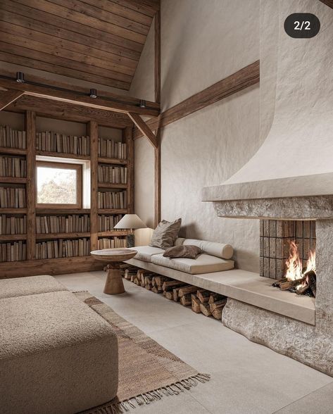 Rustic Chalet, Farmhouse Living Rooms, Mountain Interiors, Cozy Christmas Living Room, Fireplace Bookshelves, Warm Fireplace, Gorgeous Farmhouse, Modern Rustic Living Room, Farmhouse Fireplace