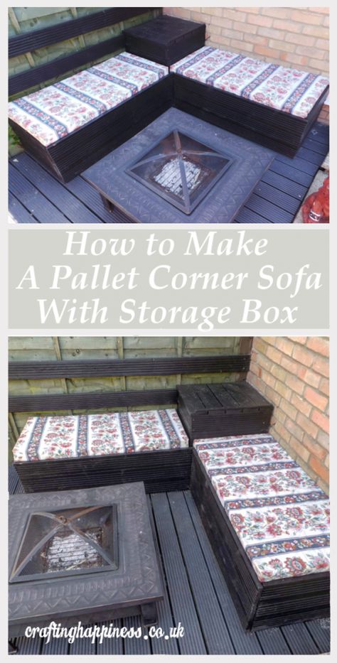 DIY Tutorial: How to Make an Outdoor Garden Pallet Corner Sofa with Storage Box | Crafting Happiness Pallet Corner Sofa, Summerhouse Ideas, Corner Sofa With Storage, Corner Seating, Garden Pallet, Sofa With Storage, Corner Sofa Design, Corner Couch, Pallet Sofa