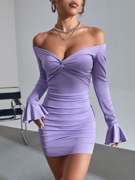 Lilac Purple Sexy Collar Long Sleeve Fabric Plain Bodycon Embellished High Stretch  Women Clothing Vestido Color Lila, Purple Dress Short, Purple Bodycon Dresses, Mock Neck Bodycon Dress, Bodycon Outfits, Backless Bodycon Dresses, Purple Prom Dress, Ruched Bodycon Dress, Lilac Dress