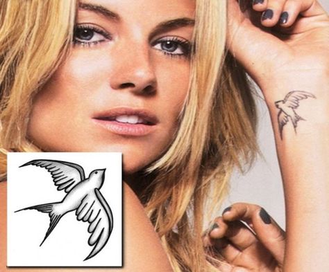 Sienna Miller swallow tattoo #siennamiller #swallowtattoo #tattooforaweek Sienna Miller Tattoo, Celebrity Tattoos Women, Siena Miller, Traditional Swallow Tattoo, Swallow Tattoo Design, Swallow Tattoo, Summer Tattoo, Bird Tattoo, Real Tattoo