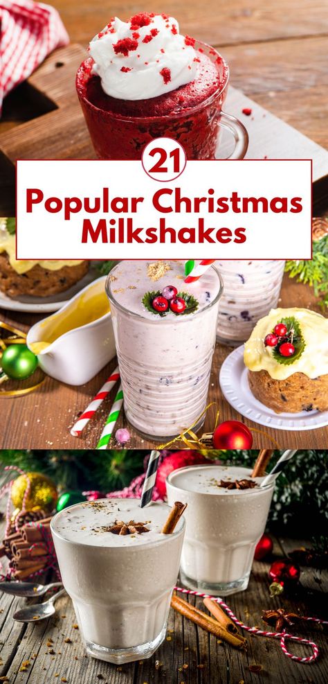 A festive milkshake options, including red velvet milkshake with whipped cream and crumbs sits alongside a creamy white milkshake garnished with cranberries and holly leaves. Below, cinnamon-spiced shakes with holiday-themed decorations like cinnamon sticks, baubles, and Christmas greenery complete the festive vibe. Christmas Milkshakes, Peppermint Milkshake, Festive Recipes, Holiday Sprinkles, Tasty Drinks, Milkshake Recipes, Holiday Magic, Milkshakes, Food Festival