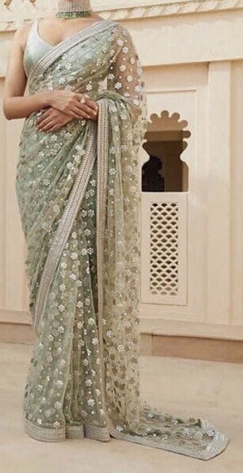 Saree Indian Wedding, Sage Green Colour, Sari Fashion, Indian Bridesmaids, Wedding Saree Collection, Indian Designer Sarees, Indian Fashion Saree, Saree Designs Party Wear, Traditional Indian Outfits