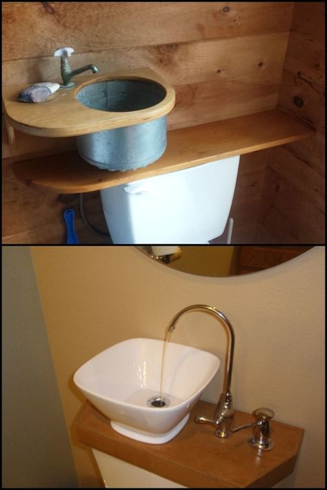 Save money by reducing water consumption with this DIY toilet tank sink! Sink Diy, Small Toilet Room, Toilet Sink, Diy Toilet, Toilet Room, New Toilet, Small Toilet, Tiny House Bathroom, Toilet Tank