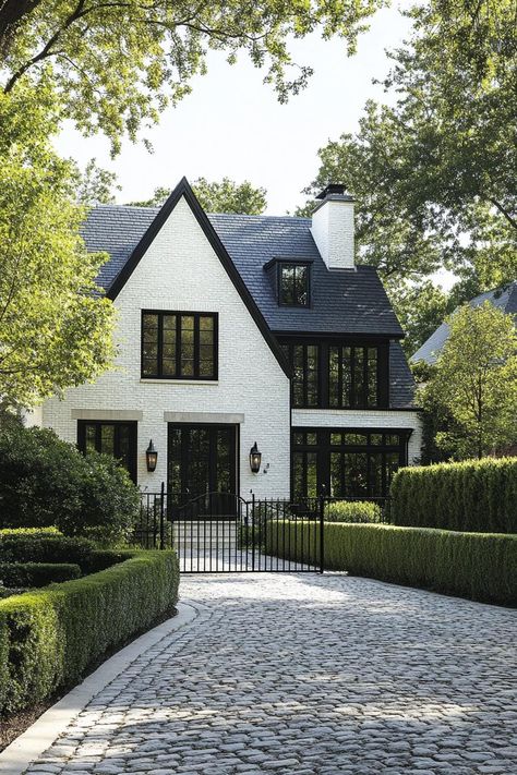 Modern Addition To Tudor House, Tudor Revival House Interior, European Classic House, Modern Traditional Exterior Home, Black White House Exterior, Grey And White House, Tudor Style Homes Interior, Modern Traditional Exterior, Modern English House