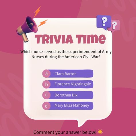 🩺 Trivia Time! 🩺 Test your nursing knowledge with our latest trivia question! Comment your answer below and let's see how well you know nursing history. 🌟 #NurseTrivia #NurseLife #HealthcareHeroes #TriviaFun" Coffee Trivia Fun Facts, How To Run A Trivia Night, Trivia Night Rules, Trivia Night Flyer, Trivia Categories, Nursing Knowledge, Trivia Time, Trivia Question, Nursing History