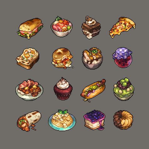 ArtStation - FOOD !, Dimcember 하소영 Pixel Art Food 32x32, Video Game Food Art, Game Food Art, Pixel Character Sprite Sheet, Pixel Food Art, Pixel Art Illustration, Food Pixel Art, Pixel Building, Pixel Items