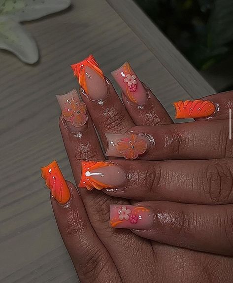 Orange Shorties Acrylic Nails, Orange Nail Ideas Acrylic, Hawaii Vacation Nails, Florida Nails Designs, Birth Nails, Short Orange Nails, Multi Colored Nails, Nurse Nails, Elite Nails