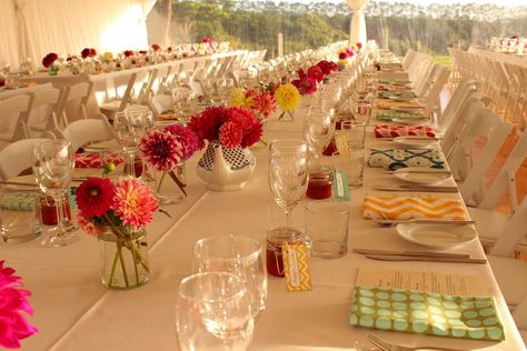 Anna Spiro blog | absolutely beautiful things | Ben & Phoebe's beautiful table setting at their wedding in Federal, Northern NSW.  Mismatched unique vases and teapots with bright blooms | vibrant colourful napkins | Poppy's chutney for everybody to take home 💙 Patterned Napkins, Napkins Wedding, Pretty Tables, Party Entertainment, Beautiful Table, Place Settings, Marry Me, Mix And Match, Future Wedding