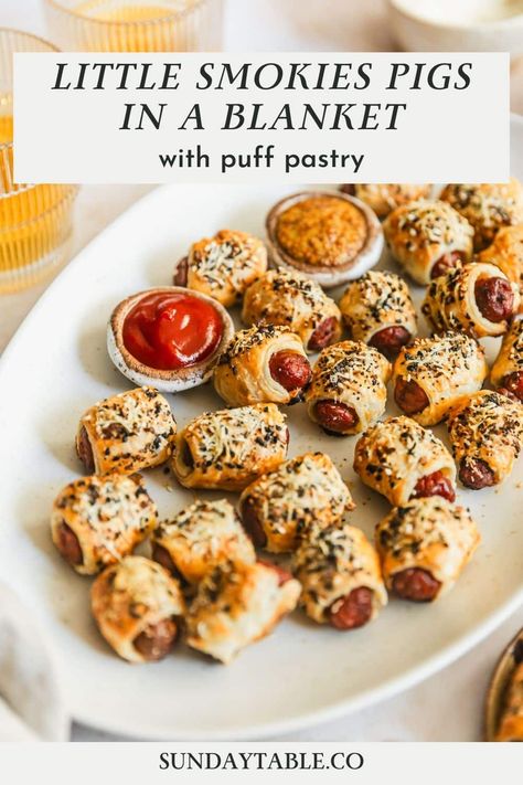 Puff Pastry Little Smokies, Puff Pastry Pigs In A Blanket, Smokies In A Blanket, Bourbon Mustard, Mini Pigs In A Blanket, Philo Dough, Using Puff Pastry, Everything Seasoning, Little Smokies