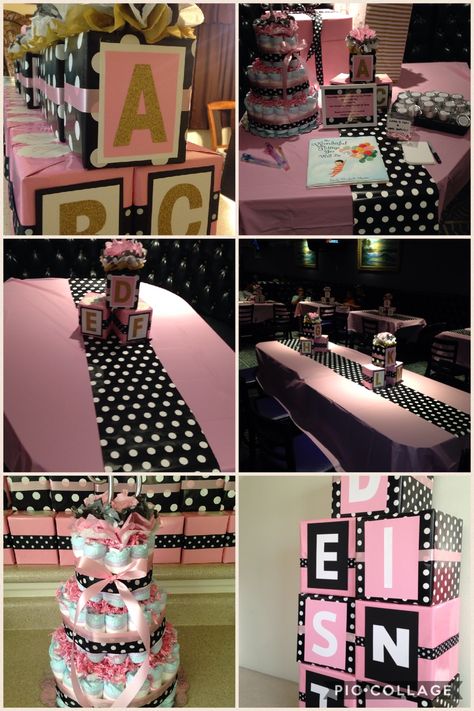 Black/White Polka Dot and Pink Baby Shower. Baby Girl. Black And Pink Baby Shower Ideas, Black And Pink Baby Shower, Purple Baby Shower Theme, Pink Baby Shower Cake, Motorcycle Baby, Shower Black, Baby Shower Cakes Girl, White Baby Showers, Baby Shower Purple