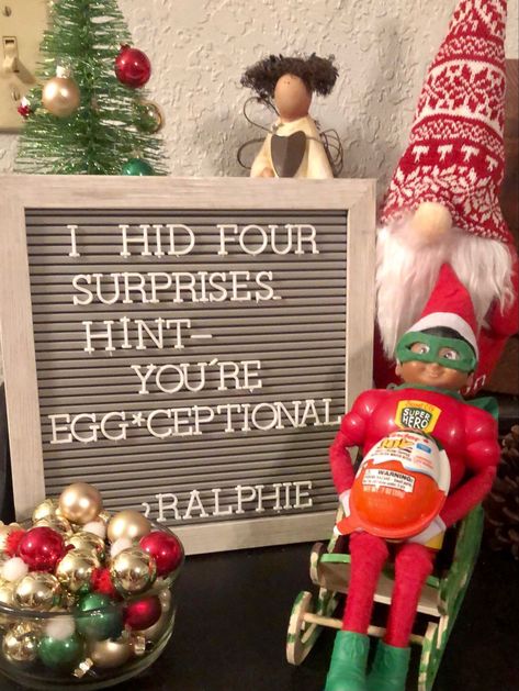 Elf on the shelf - hiding kinder joy eggs Kinder Joy Elf On The Shelf, Egg Elf On The Shelf, Elf On The Shelf Pranks, Kinder Egg, Baby Ideas, On The Shelf, Christmas Cheer, Elf On The Shelf, Elf