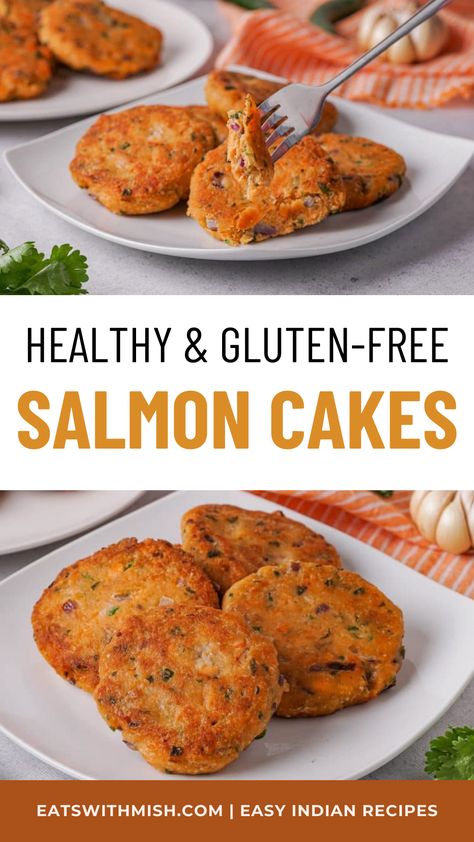 You're going to love these quick and healthy gluten-free salmon cakes! They're super easy to make and a great addition to your meals. Also, did I mention that it's Indian cuisine inspired? So if you love Indian food, you're going to love this! Healthy Salmon Cakes, Gluten Free Salmon, Salmon Cakes Recipe, Dishes Recipe, Salmon Spices, Indian Recipes Authentic, Salmon Patties Recipe, Easy Indian Recipes, Healthy Salmon