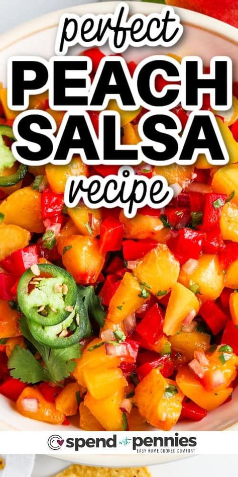 Peach salsa is an easy to make condiment that is sure to spruce up all kinds of dishes. Pork, salmon, chicken, and even tacos all taste delicious with this as an extra topping. And it is so easy to make this recipe, simply dice the peaches, add some lime juice, red pepper, onion, and jalapeno too and serve. So quick and easy! #peachsalsa #peachsalsarecipe #salsawithpeaches #spendwithpennies Spicy Peach Salsa, Peach Salsa Recipe, Fruit Dressing, Peach Salsa Recipes, Peach Salsa, Perfect Peach, Appetizers Easy Finger Food, Easy Appetizers, Canned Peaches