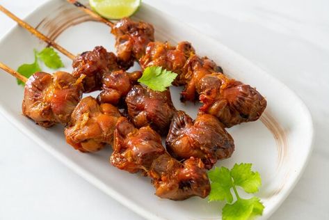 Grilled chicken gizzard skewer with herb... | Premium Photo #Freepik #photo #background #food #heart #restaurant Chicken Gizzards, Background Food, White Business Card, Food Poster Design, Herbs And Spices, African Clothing Styles, Food Poster, Business Card Mock Up, Photo Background