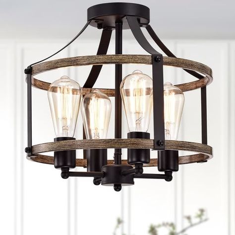 Teeger Matte Black 4-Light Open Metal Cage Semi-Flush Mount - Bed Bath & Beyond - 31977850 Farmhouse Flush Mount Lighting, Small Foyer Lighting, Farmhouse New Build, Farmhouse Kitchen Light Fixtures, Modern Farmhouse Light Fixtures, Farmhouse Dining Room Lighting, Semi Flush Mount Chandelier, Celing Light, Rustic Kitchen Lighting