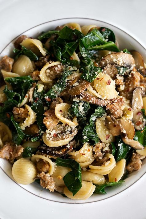 Orecchiette with Collard Greens, Sausage & Mixed Mushrooms — Cooking with Cocktail Rings Collard Green Pasta, Collard Greens Pasta, Delicious Discoveries, Mushroom Sausage, Sausage Parmesan, Collard Greens Recipe, Collard Green, Csa Recipes, Winter Comfort Food