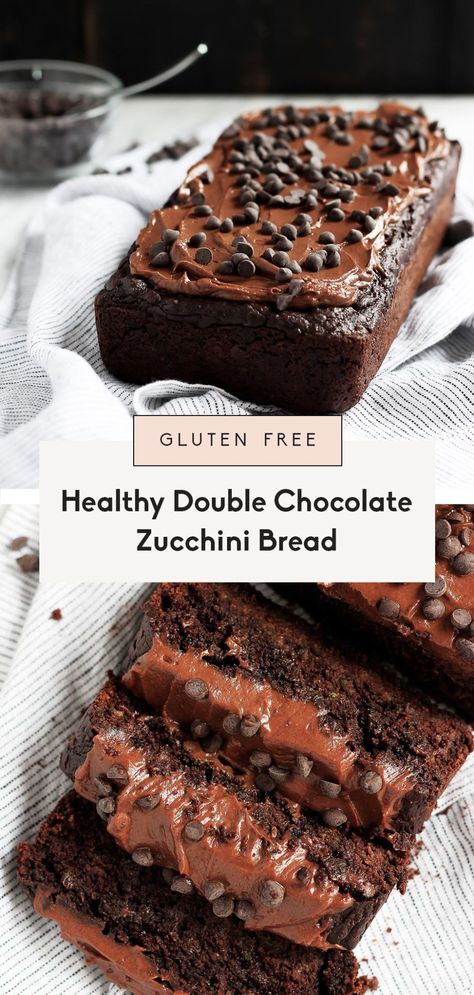 The most incredible, healthy double chocolate zucchini bread that's gluten free, vegan & nut free! This easy, healthy zucchini bread recipe is made with sunflower butter, gluten free oat flour, a flax egg and pure maple syrup to keep it allergy-friendly and naturally sweetened. It seriously tastes like chocolate cake! #zucchinibread #chocolate #zucchinirecipe #chocolatebread #glutenfree #glutenfreebaking #healthysnack #nutfree #dairyfree Chocolate Zucchini Bread Recipe, Healthy Chocolate Zucchini Bread, Double Chocolate Zucchini Bread, Vegan Zucchini Bread, Zucchini Bread Healthy, Zucchini Bread Recipe, Chocolate Zucchini Bread, Zucchini Bread Recipes, Chocolate Bread