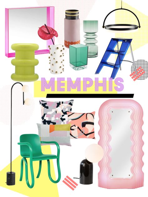 Memphis Design Interior, Memphis Decor, Memphis Modern, Estilo Kitsch, Tall Glass Vases, Deco Studio, Memphis Design, Bad Taste, Estilo Art Deco