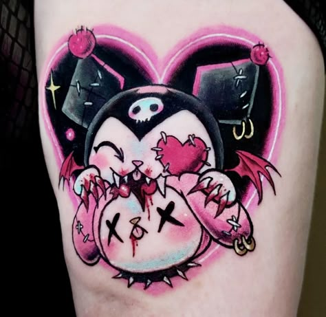 Kuromi Tattoo, Character Tattoo Ideas, Voodoo Doll Tattoo, Petit Tattoo, Hello Kitty Tattoos, Scary Tattoos, Kawaii Tattoo, Creepy Tattoos, Cute Little Tattoos