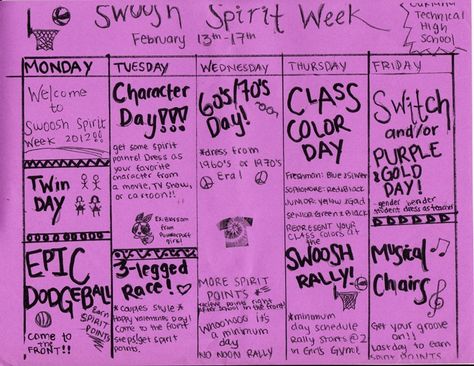 We Got The Beat Spirit Week, Nursing Spirit Week Ideas, Cheer Activities, School Spirit Ideas, Decades Day Spirit Week, Spirit Week Themes, Spirit Week Ideas, Rally Ideas, Spirit Day Ideas