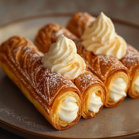 Puff Pastry Cones with Custard: A Crunchy and Creamy Delight Ingredients for the puff pastry: - 1 ready-to-use puff pastry Ingredients for the pastry cream: - 500 ml of milk - 100 g of sugar - 4 egg yolks - 50 g cornstarch - 1 vanilla pod (or 1 teaspoon of vanilla extract) - 50 g of butter Preparation : 1. Preheat your oven to 200°C (thermostat 6-7). Spread the puff pastry on a lightly floured work surface. Cut strips of dough approximately 3 cm wide. 2. Wrap each dough strip around pastry c... Cream Puff Decorating Ideas, Puff Pastry Aesthetic, Pastry Ideas Baking, Puff Pastry Cones, Custard Puff Pastry, Aesthetic Pastries, Beautiful Pastries, Creme Puffs, Puff Pastry Ingredients