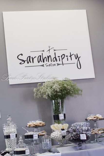 Sarahndipity Salon Grand Opening | CatchMyParty.com Event Party Ideas, Hairdresser Branding, Hairdressing Logo, Candy Bar Cards, Salon Openings, Event Planning 101, Grand Opening Event, Salon Party, Salon Design Ideas