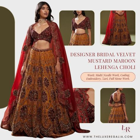 Get ready to steal the spotlight with this stunning designer bridal velvet lehenga choli in mustard and maroon! 😍✨ Get it customized from us and be the epitome of elegance on your special day. #BridalFashion #VelvetLove #LuxeRegalia #LuxuryWedding #MustardMaroon #DesignerBridal #VelvetLehanga #LuxuryBridal #VelvetMustard #BridalGlam #VelvetLehangaCholi Bridal Velvet Lehenga, Velvet Lehenga Choli, Maroon Lehenga, Velvet Lehenga, Steal The Spotlight, Luxury Bridal, Stone Work, Your Special, Lehenga Choli