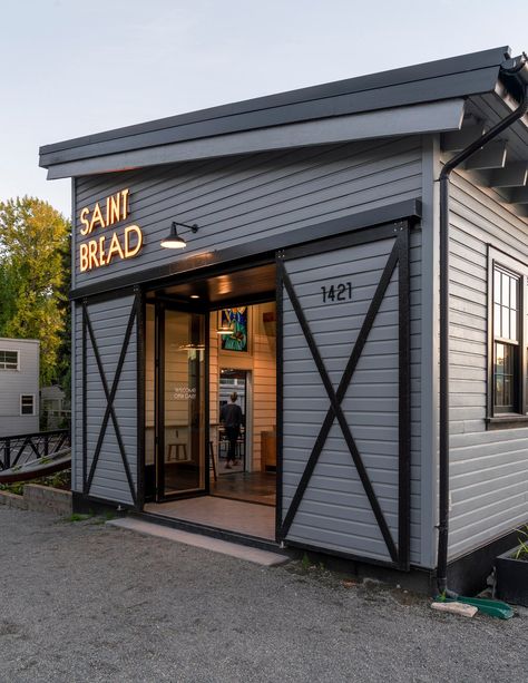 Saint Bread — Graham Baba Architects Small Warehouse Design, Bread Factory, Boat Restaurant, Shiplap Siding, Scandinavian History, Small Warehouse, Warehouse Design, Patio Enclosures, Custom Stained Glass