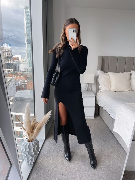 Shop Brielle High Neck Midaxi Knit … and other curated products on LTK, the easiest way to shop everything from your favorite creators. Black Midi Dress And Boots, Long Black Dress Outfit, Svarta Outfits, Knitted Dress Outfit, Black Dress Winter, Knit Skirt Outfit, Long Knitted Dress, Winter Dress Outfits, Fall Dress Outfit