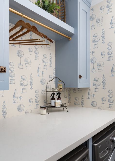 Blue Laundry Room, Blue Laundry Rooms, White Laundry Rooms, Green Laundry, Laundry Room Wallpaper, Inset Cabinets, Dream Laundry Room, Black Countertops, Laundry Room Inspiration