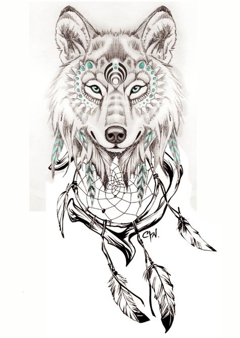 Wolf Tattoo Ideas For Women Thigh Piece, Wolf Dreamcatcher Tattoo, Guardian Tattoo, Wolf Tattoos For Women, Totem Tattoo, Piece Tattoo, Small Girly Tattoos, Native American Tattoo, Wolf Tattoo Sleeve