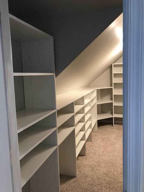 Transform your knee wall into a beautiful, organized storage space with the help of My Custom Closet. Here are some tips to get you started. Wall Closet Ideas, Knee Wall Closet, Knee Wall Storage, Dormer Bedroom, Wall Storage Ideas, Loft Closet, Pallet Deck Diy, Knee Walls, Closet Redo