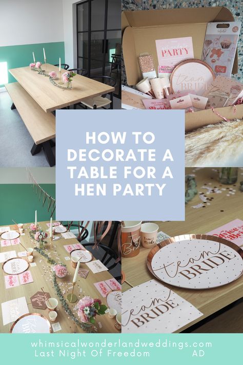 Discover how to transform your table with a hen party table decor box kit! Check out the how-to with before and after shots, on the blog. #hendo #henparty Hen Party Table Decorations, Hen Do Table Decorations, Hen Party Table, Hen Party Decorations, Diy Dinner, Party Table Decor, Table Place Settings, Accessory Ideas, Photography Decor