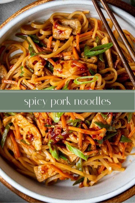 Spicy Asian Pork Recipes, Asian Dishes With Pork, Pork Rice Noodles, Pork Egg Noodles Recipe, Pork Noodle Stir Fry Recipes, Korean Pork Noodles, Spicy Ground Pork Ramen, Pork Fried Noodles, Chinese Noodle Bowl Recipes