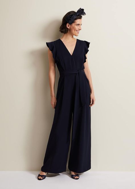 V-Neck Wide Leg Jumpsuit with Frill Sleeves in Dark Navy | Phase Eight | Phase Eight EU | Occasion Jumpsuit, Race Day Outfits, Beautiful Jumpsuits, Christmas Party Outfits, Eve Outfit, Frill Sleeves, Casual Wedding, Phase Eight, Petite Fashion