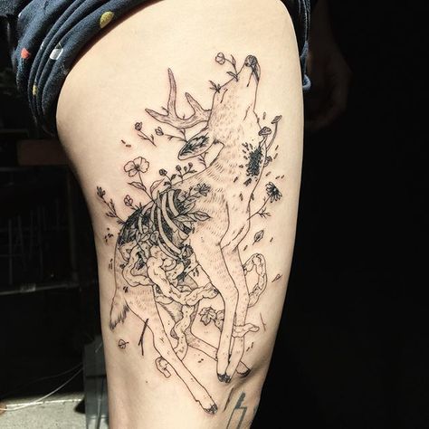 Decaying Deer Tattoo, Roadkill Tattoo, Rotting Animal Tattoo, Decaying Animal Tattoo, Coelacanth Tattoo, Decay Tattoo, Nature Sleeve Tattoo, Skin Drawing, Funky Tattoos