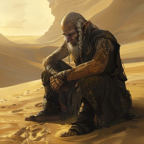 Krast sits amidst the vast expanse of the desert. The lone Kentus Man finds solace in the vibrations of the sand. 🏜️ With eyes closed and heart open, he listens to the ancient melodies of the desert, seeking wisdom and guidance from the silent depths. #DesertWisdom #Worldbuilding #FantasyArtwork Desert People Fantasy Art, Desert Elves, Desert Dnd, Seeking Wisdom, Desert Nomad, Dnd Elves, Desert Sage, Sea Sand, Desert Art