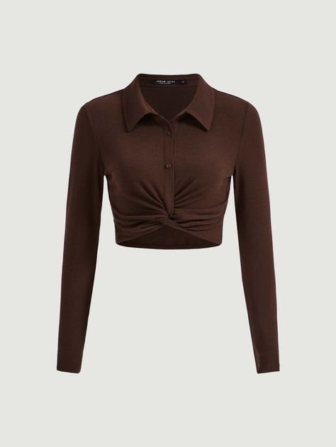 Brown Aesthetic Fashion, Brown Clothes Aesthetic, Aesthetic Fashion Design, Dark Brown Aesthetic, Outfit Kemeja, Twist Front Crop Top, Easy Hairstyles For Thick Hair, Brown Crop Top, Front Crop Top