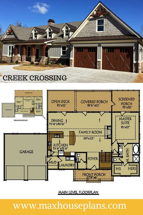 Creek Crossing is a 4 bedroom floor plan ranch house plan with a walkout basement and ample porch space. Horizontal siding, stone accents and over sized gables add a creative mixture of architectural details to the exterior. Ranch Plans, Ranch House Floor Plans, Vacation House Plans, Floor Plans Ranch, House Ranch, Basement House Plans, Basement Floor Plans, Free House Plans, 4 Bedroom House Plans