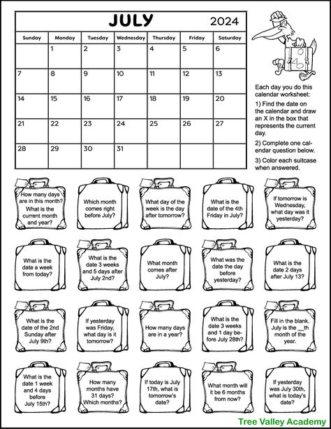 A free printable calendar worksheet for the month of July 2024. There's a worksheet for grade 1 students and another for grade 2. It's meant to be worked on multiple times throughout the month, taking only a minute or 2 at a time. Each time, kids will find the current date and answer one calendar question. Children can then color the suitcase of the question they answered. Pdf is free to download and print. Great for teachers or homeschooling parents of early elementary students. 1st Grade Calendar, Worksheet For 1st Grade, First Grade Calendar, Calendar Questions, Math Calendar, Teaching Calendar, Calendar Skills, Calendar Worksheets, Calendar Activities