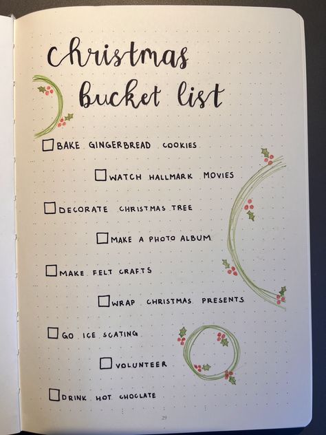 Christmas Journal Page Ideas, Journaling Christmas Ideas, Bullet Journal Christmas Gift List, Christmas List Bullet Journal, Bucket List Journal Page, December Journal Ideas, Bullet Journal Wish List, December Bucket List, Christmas Bullet Journal Ideas