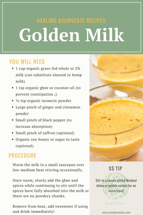 Ayurvedic Recipes #turmeric #goldenmilk #organic #simplysmitaco #feelthelove Chana Recipe, Golden Milk Recipe, Organic Ghee, Organic Turmeric Powder, Veggie Recipe, Ayurveda Recipes, Ayurvedic Recipes, Ayurvedic Healing, Turmeric Recipes