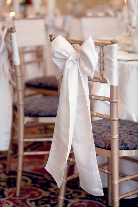 bows on our chairs. Photo by Victoria Souza #thewaterview Tulle On Chairs Wedding, Bows On Chairs Wedding, Wedding Bow Decor, Wedding Bows Decorations, Bow Wedding Decor, Bows On Chairs, Sweetheart Table Chairs, Reno Wedding, Brides Chair