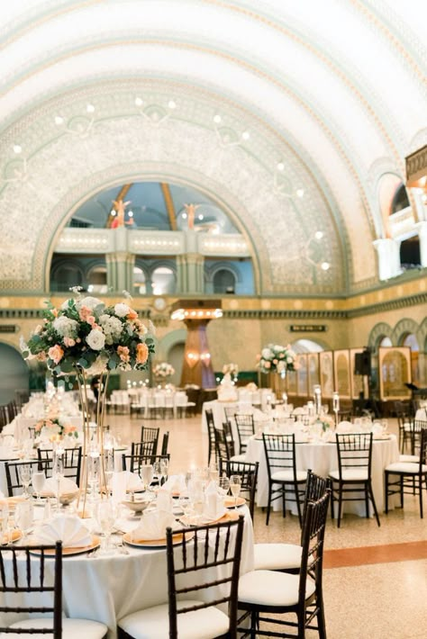 St. Louis Union Station Wedding | Summer Wedding Flowers | Tall Centerpiece | Coral Roses | Summer Wedding | Belli Fiori STL | Summer Flowers Union Station St Louis, St Louis Union Station, Capri Wedding, Summer Wedding Reception, Tall Centerpiece, Pastel Wedding Flowers, Summer Wedding Flowers, Coral Roses, Reception Ceremony