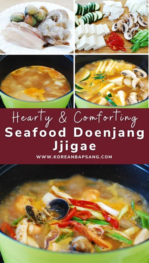 Seafood Doenjang Jjigae in a casserole. Doenjang Jjigae, Asian Potluck, Korean Bapsang, Soybean Paste, Asian Noodle Dishes, Wok Recipes, Asian Side Dishes, Kitchen Witch Recipes, Mongolian Beef Recipes